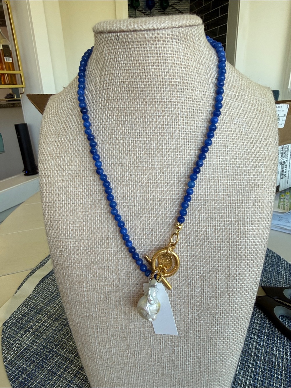Blue Beaded Necklace with Gold Toggle and Pearl Pendant - Picture 3 of 7